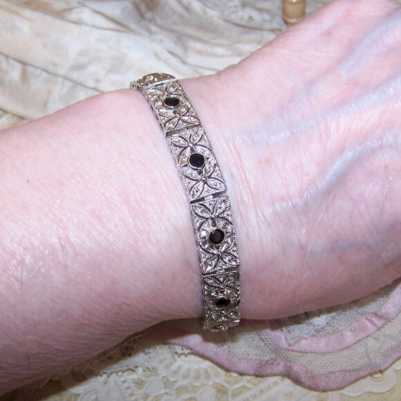 DBJ Dee Berkley Art Deco Revival Sterling Silver Blue Sapphire CZ Link Bracelet - Picture 2 of 9